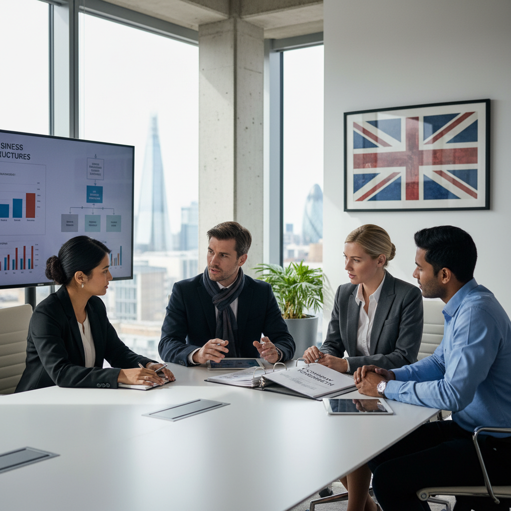 A diverse group of business professionals, including an expat and a legal advisor, reviewing company formation documents and charts in a modern, well-lit office in London, with a subtle UK flag in the background. Photorealistic, professional lighting.