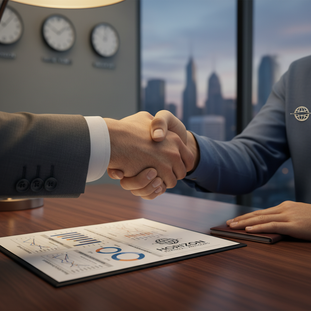 A close-up of hands shaking across a desk, with a financial planning document visible. One hand belongs to a professional advisor, the other to a client who appears to be an expat. The background is a blurred office setting with global time zone clocks. Photorealistic, warm lighting.