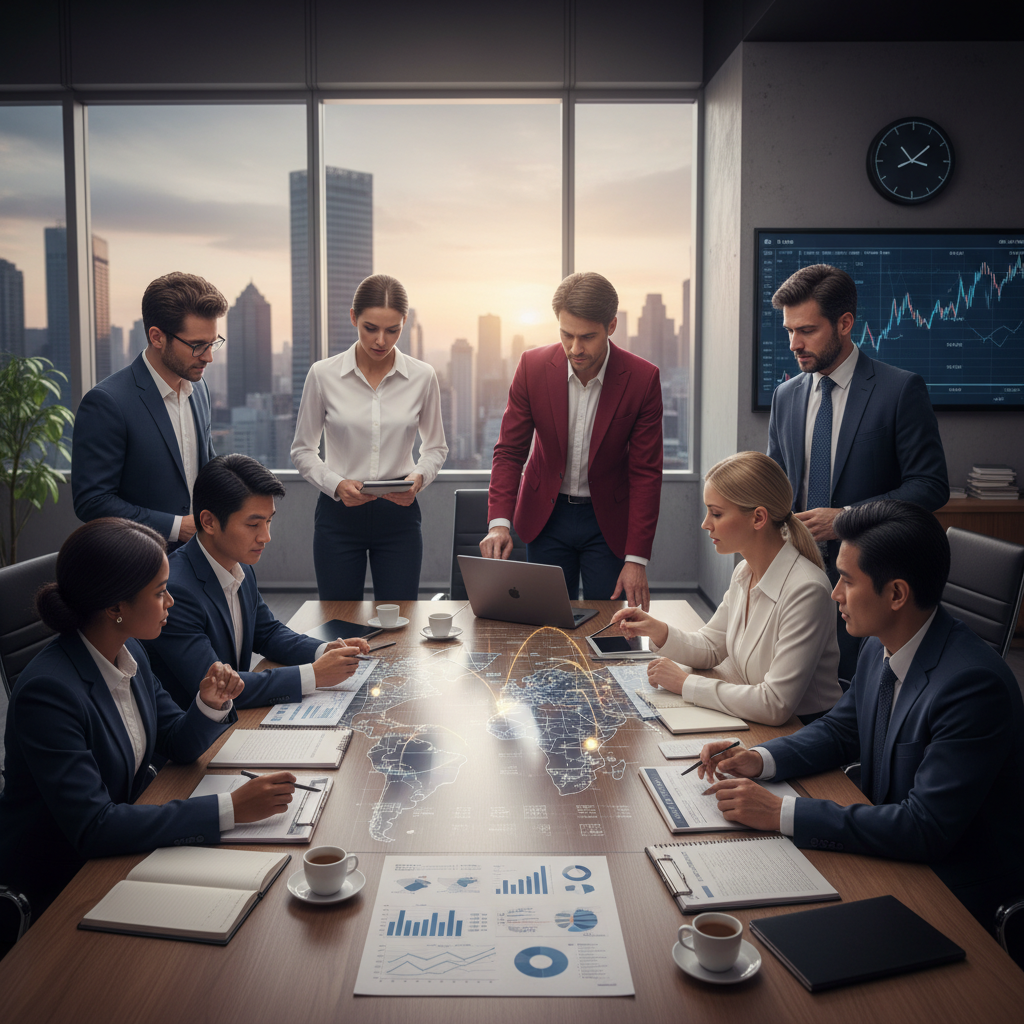 A diverse group of business professionals from different nationalities are looking at financial documents and a global map on a modern office table, discussing international banking. The scene should convey complexity and strategic decision-making in global finance.