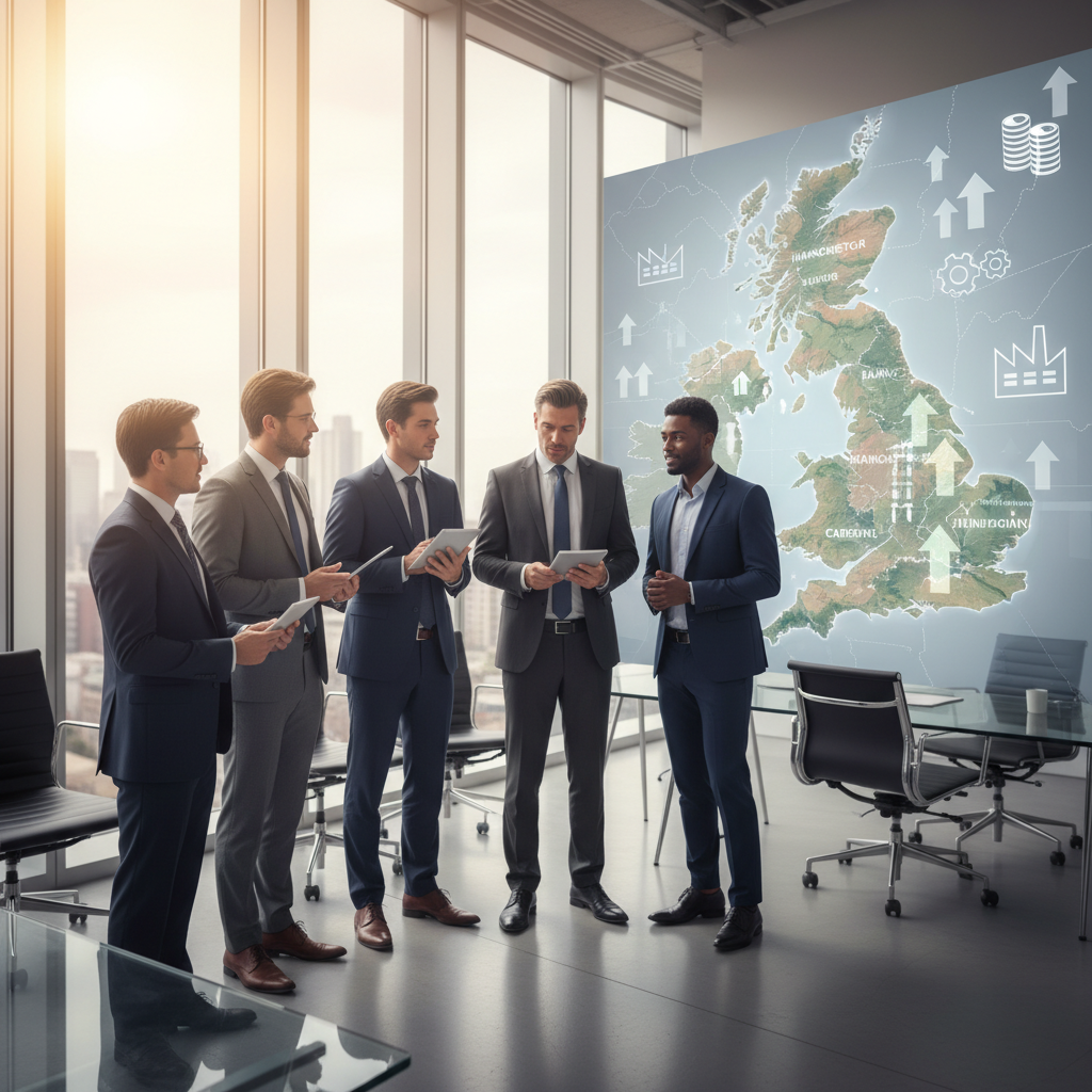 A diverse group of international business professionals in a modern, sunlit office, collaboratively looking at a digital map of the United Kingdom displayed on a large screen, with various business icons overlaid, representing investment and entrepreneurial opportunities. The scene is photorealistic and professionally lit.