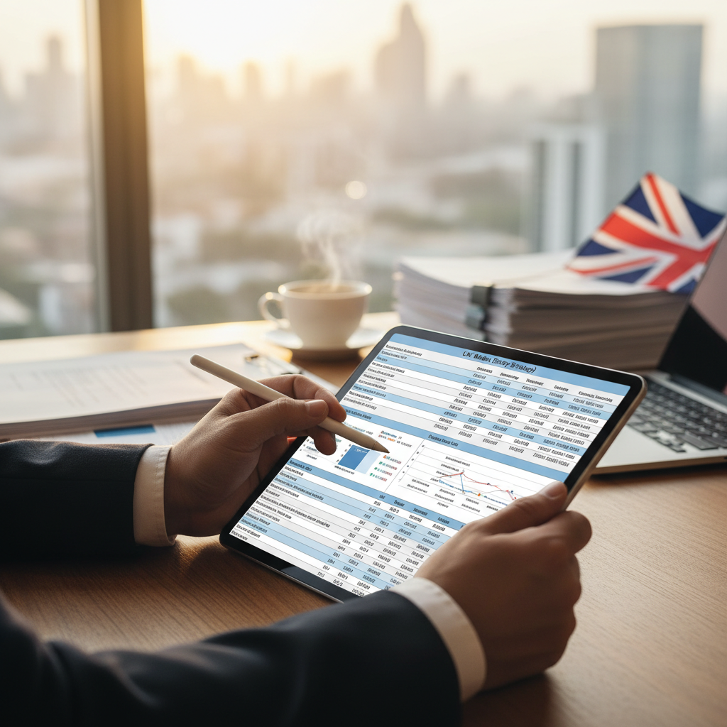 A close-up, photorealistic shot of a professional expat's hands holding a stylus, pointing at a digital tablet displaying a complex business plan spreadsheet, with other business documents and a British flag subtly blurred in the background, symbolizing strategic planning for UK market entry.