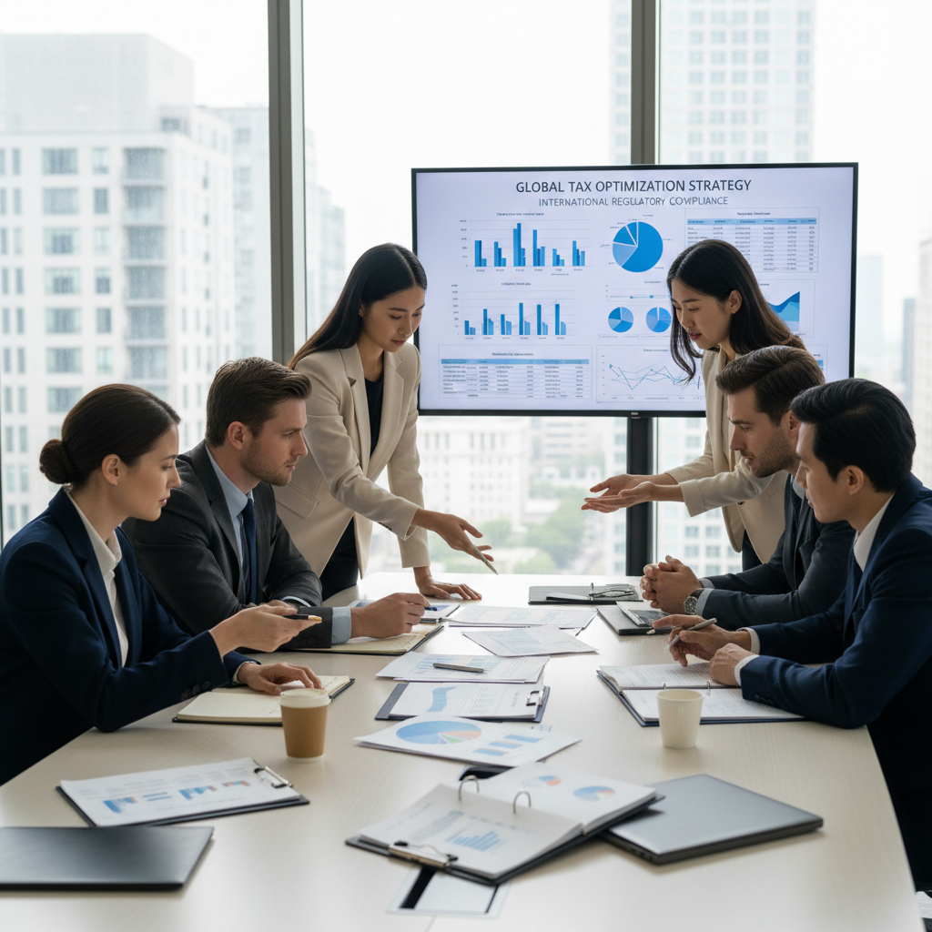 A detailed, photorealistic image of a diverse group of business professionals in a modern, well-lit office boardroom, intensely discussing complex financial documents, with charts and graphs displayed on a large screen. The scene conveys serious business strategy and planning related to international tax. Focus on clarity and a professional, slightly intense atmosphere.