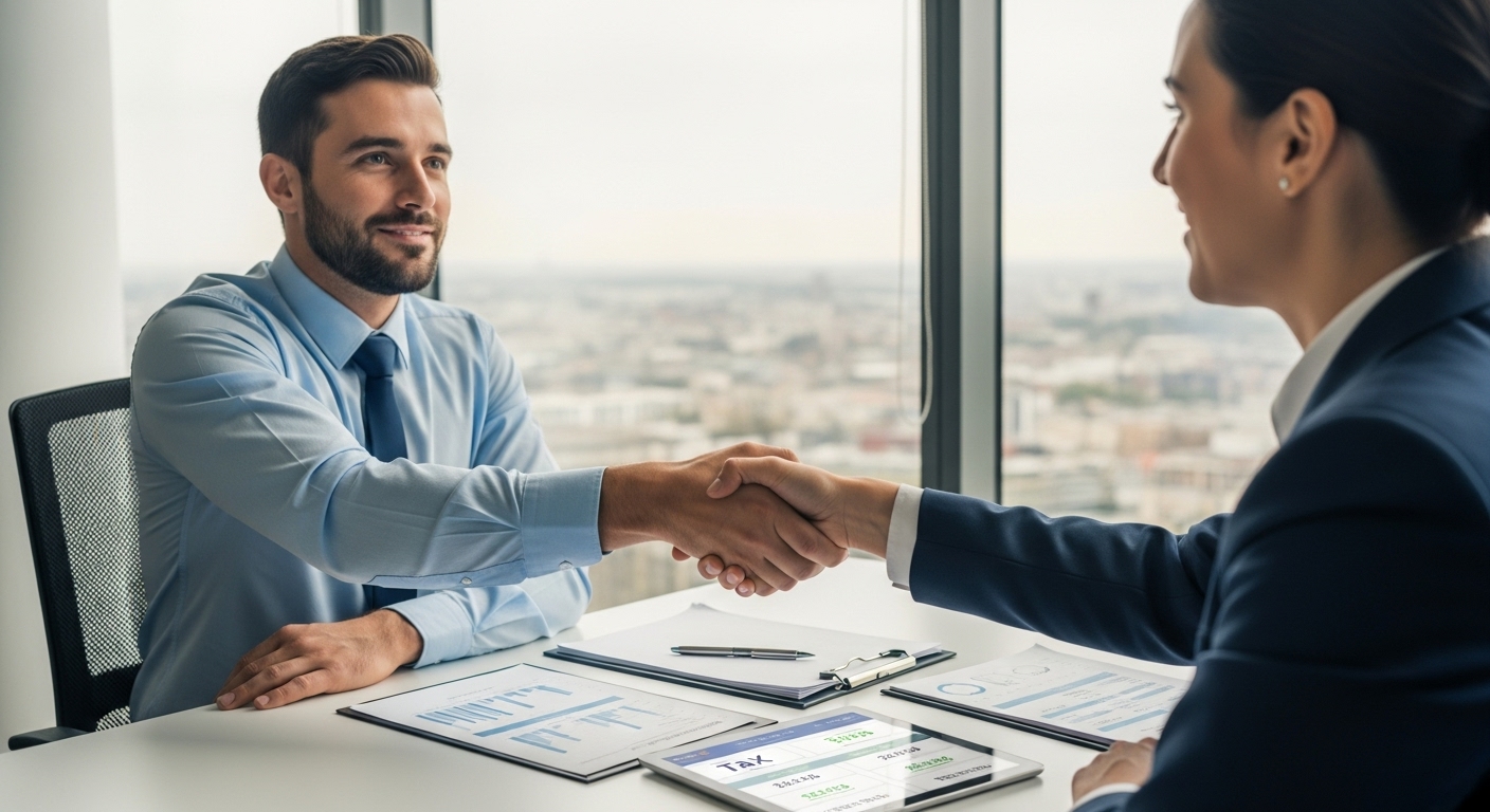A detailed, photorealistic image of an expat business owner, looking confident and relieved, shaking hands with a professional UK tax advisor in a modern, brightly lit office. The desk between them has neatly arranged financial documents and a tablet displaying tax figures. The background shows a panoramic city view, symbolizing successful international business. The overall mood is one of trust and successful collaboration.