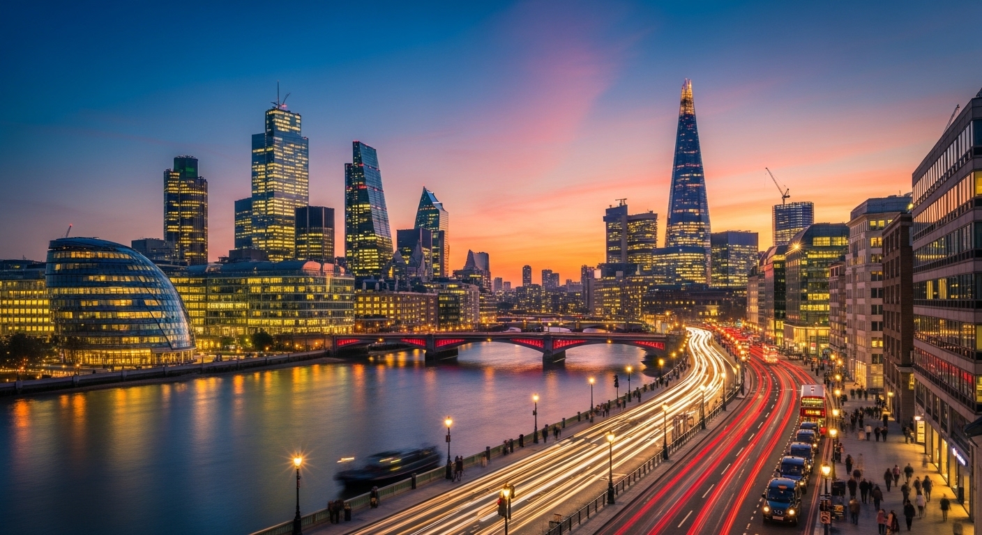 A bustling, modern cityscape in London at dusk, with office buildings illuminated, symbolizing a dynamic business environment and global connectivity. The scene should be photorealistic and vibrant.