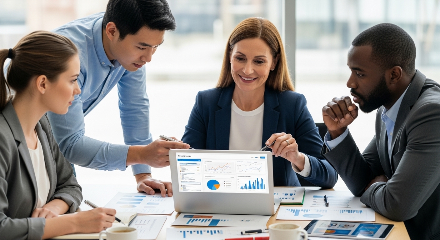 A close-up, professional shot of a diverse group of business people, including an expat, collaborating around a laptop and documents, symbolizing successful business planning and professional guidance. The image should be modern and inclusive.