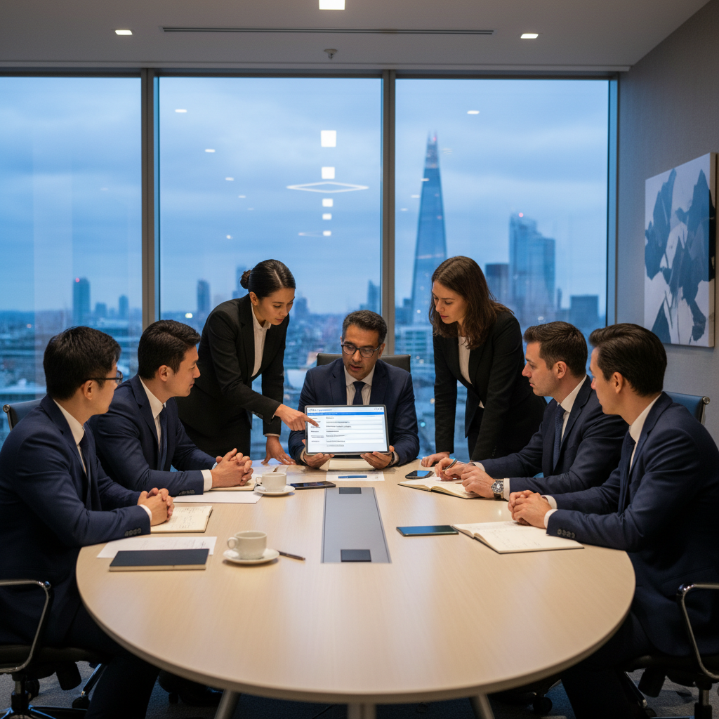 A diverse group of business professionals, some appearing to be expats, collaborating around a modern conference table, reviewing digital company registration forms on a tablet, with a blurred cityscape of London in the background, realistic and professional.