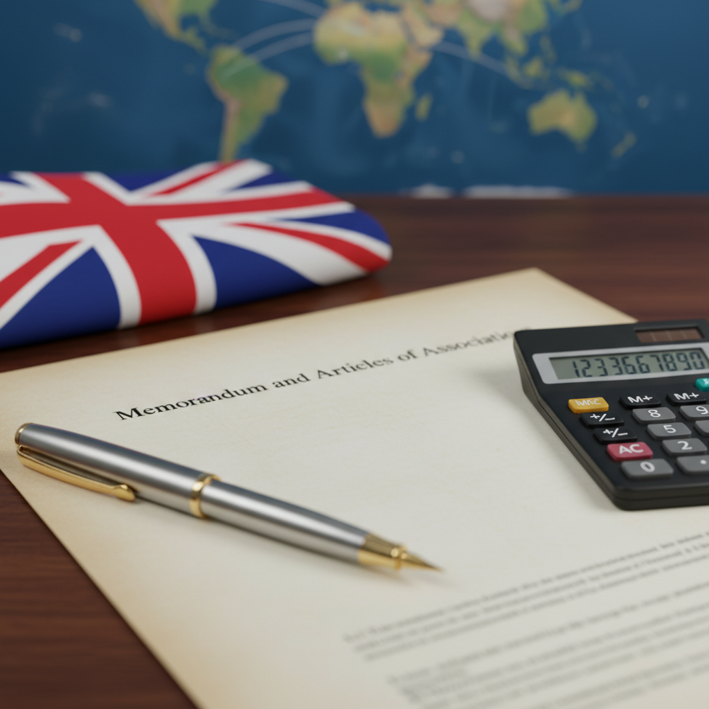 A detailed close-up shot of a legal document titled 'Memorandum and Articles of Association' on a desk, next to a pen and a calculator, with a subtly blurred background of a UK flag and a world map, representing international business and legal compliance, photorealistic and clear.