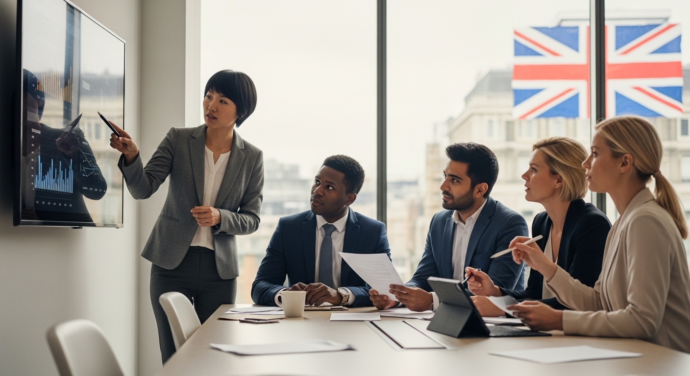 A diverse group of international business professionals in a modern office setting, discussing business plans with a British flag subtly in the background, conveying professionalism and ambition.