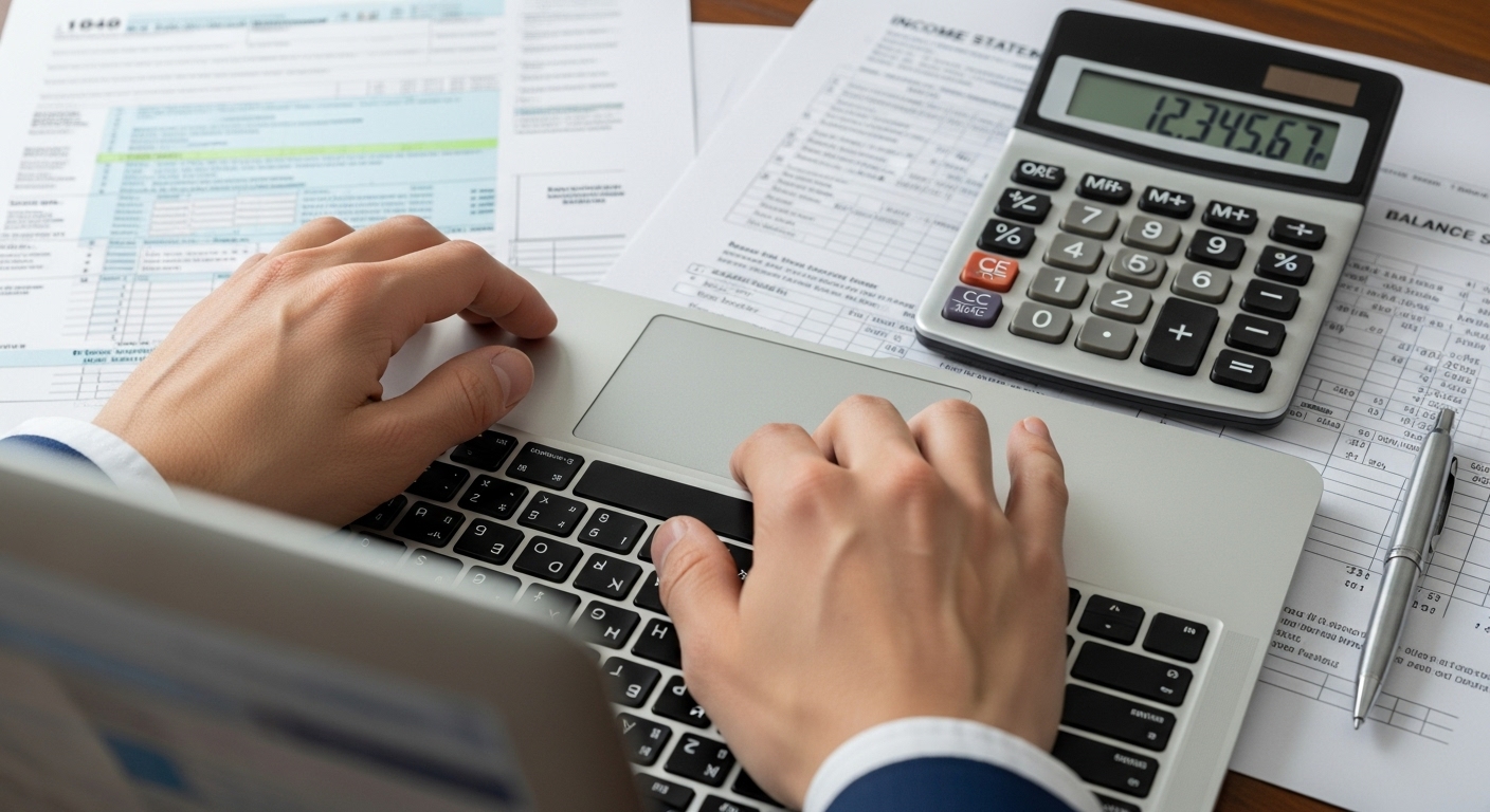 A detailed close-up of hands typing on a laptop keyboard, with financial documents, a calculator, and a pen visible on a desk, representing business planning and compliance.