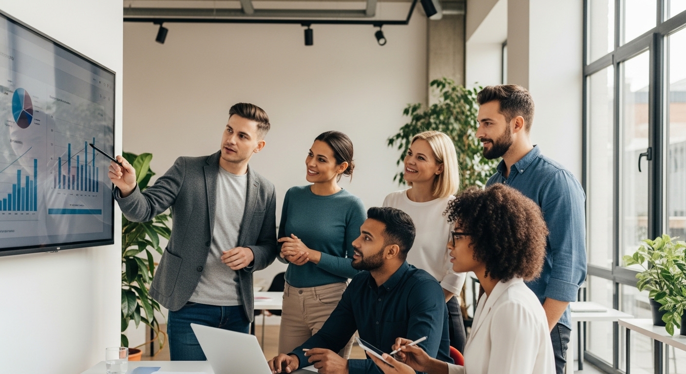 A diverse group of ambitious expat professionals, both male and female, in a modern, brightly lit co-working space, collaboratively discussing a business plan on a large monitor. One person points to a chart, while others nod in agreement, conveying a sense of innovation and teamwork. The setting is bright and contemporary, with natural light streaming in.