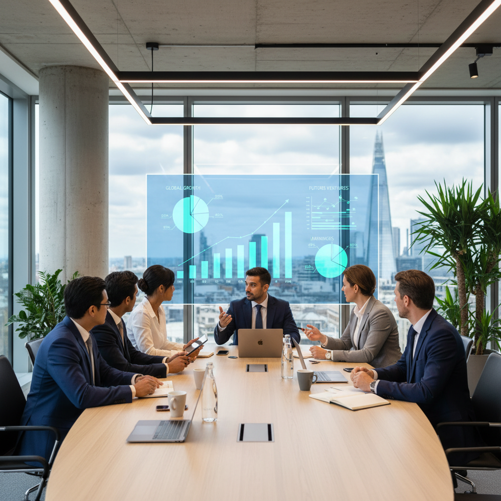 A diverse group of business professionals, including individuals of various nationalities, collaborating in a modern office setting in the UK, with charts and graphs on a screen in the background representing business growth and investment. The image should convey professionalism and innovation in the UK business environment, photorealistic.