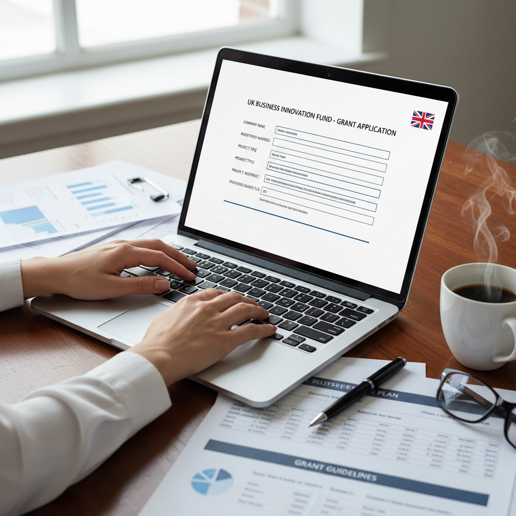 A close-up shot of hands typing on a laptop, surrounded by business documents, a pen, and a cup of coffee. The screen shows a grant application form with fields for business details and project descriptions, emphasizing the meticulous process of applying for funding in the UK. The lighting is bright and professional, photorealistic.