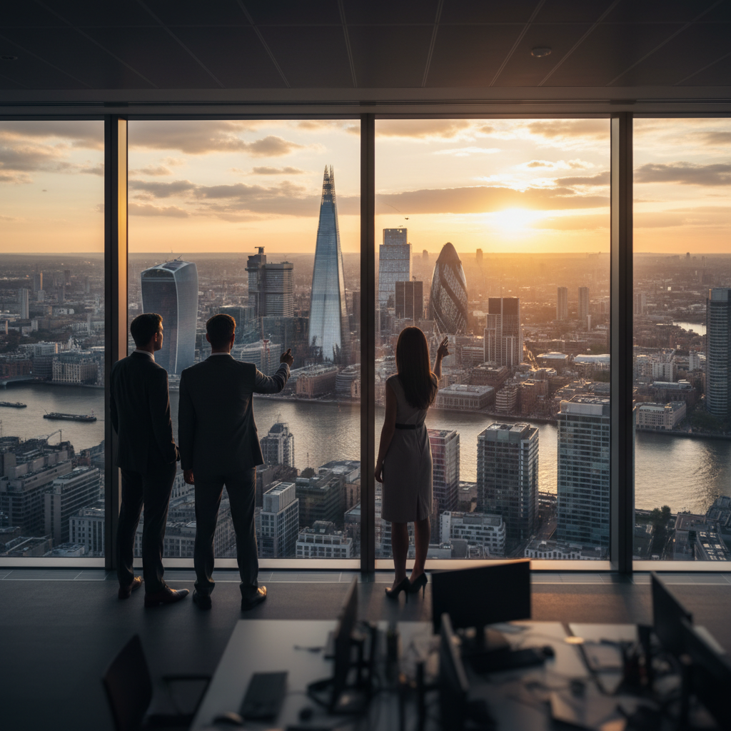 A panoramic, photorealistic shot of the modern London skyline at sunset, with a subtle glow, seen from a high-rise office. In the foreground, silhouettes of well-dressed business professionals are looking out, suggesting global opportunities and strategic vision.