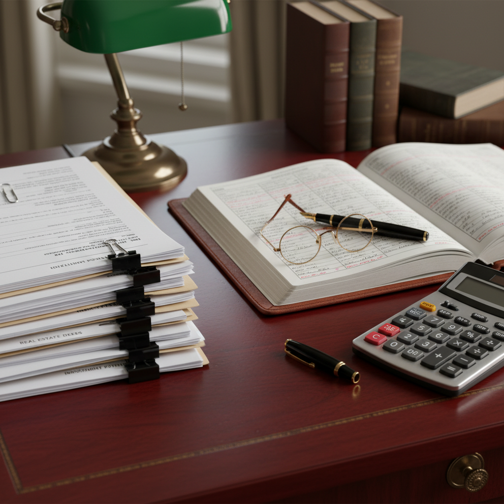 A high-detail, photorealistic close-up of a mahogany desk with a stack of meticulously organized financial documents, an open ledger, a calculator, a fountain pen, and a pair of reading glasses, suggesting careful financial planning and intricate legal work.