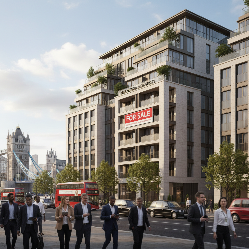 A detailed, photorealistic image showing a modern, upscale residential building in London with a prominent 