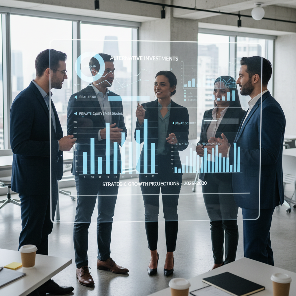 A detailed, photorealistic image of a diverse group of professionals in a modern office, engaged in an animated discussion about financial projections on a large digital display, symbolizing strategic alternative investment planning and collaborative decision-making.